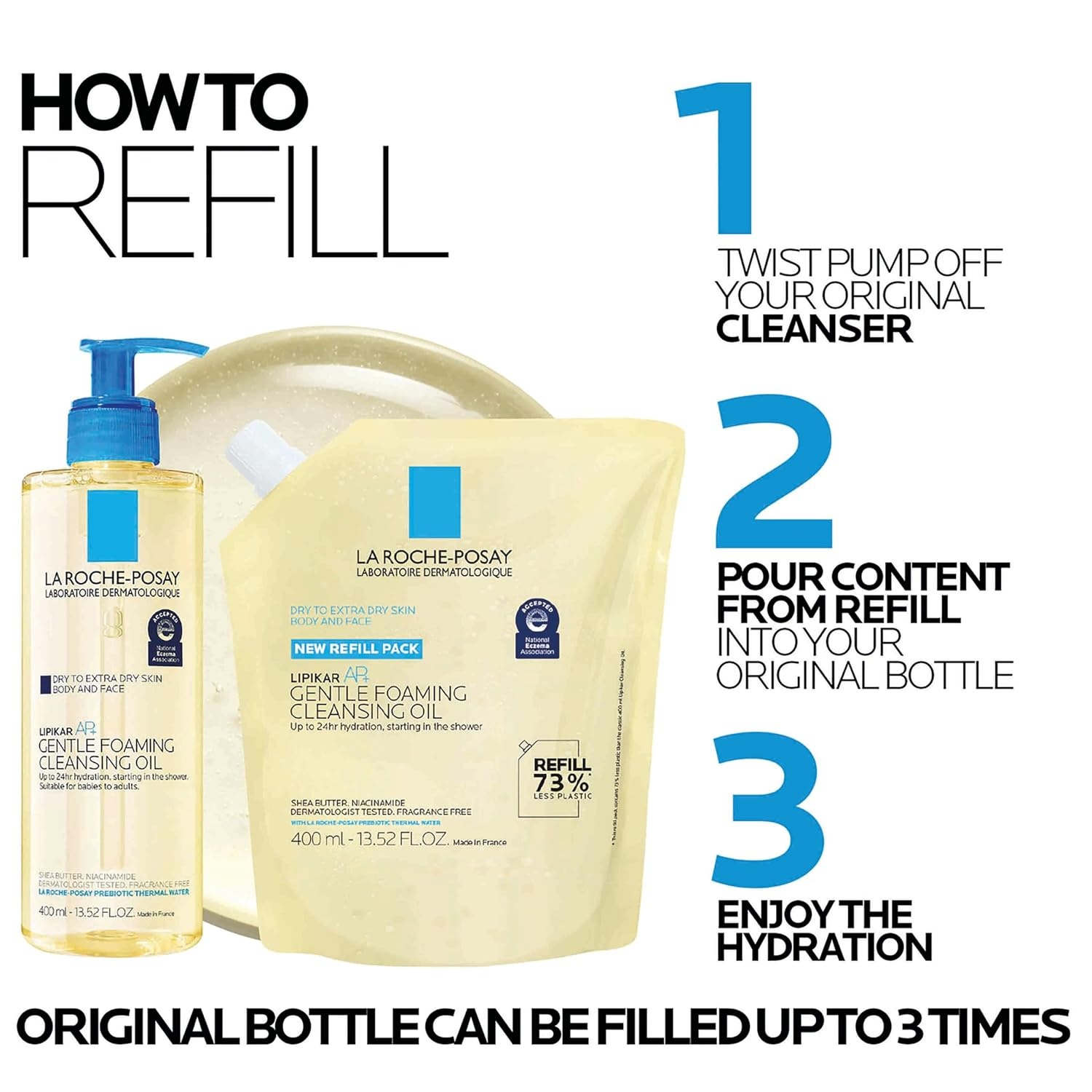 image:imageBundle of La RochePosay Lipikar AP Gentle Foaming Cleansing Oil 400ML Refill Gentle Oil Cleanser for Face and Body Formulated with Niacinamide LongLasting 24hour Hydration