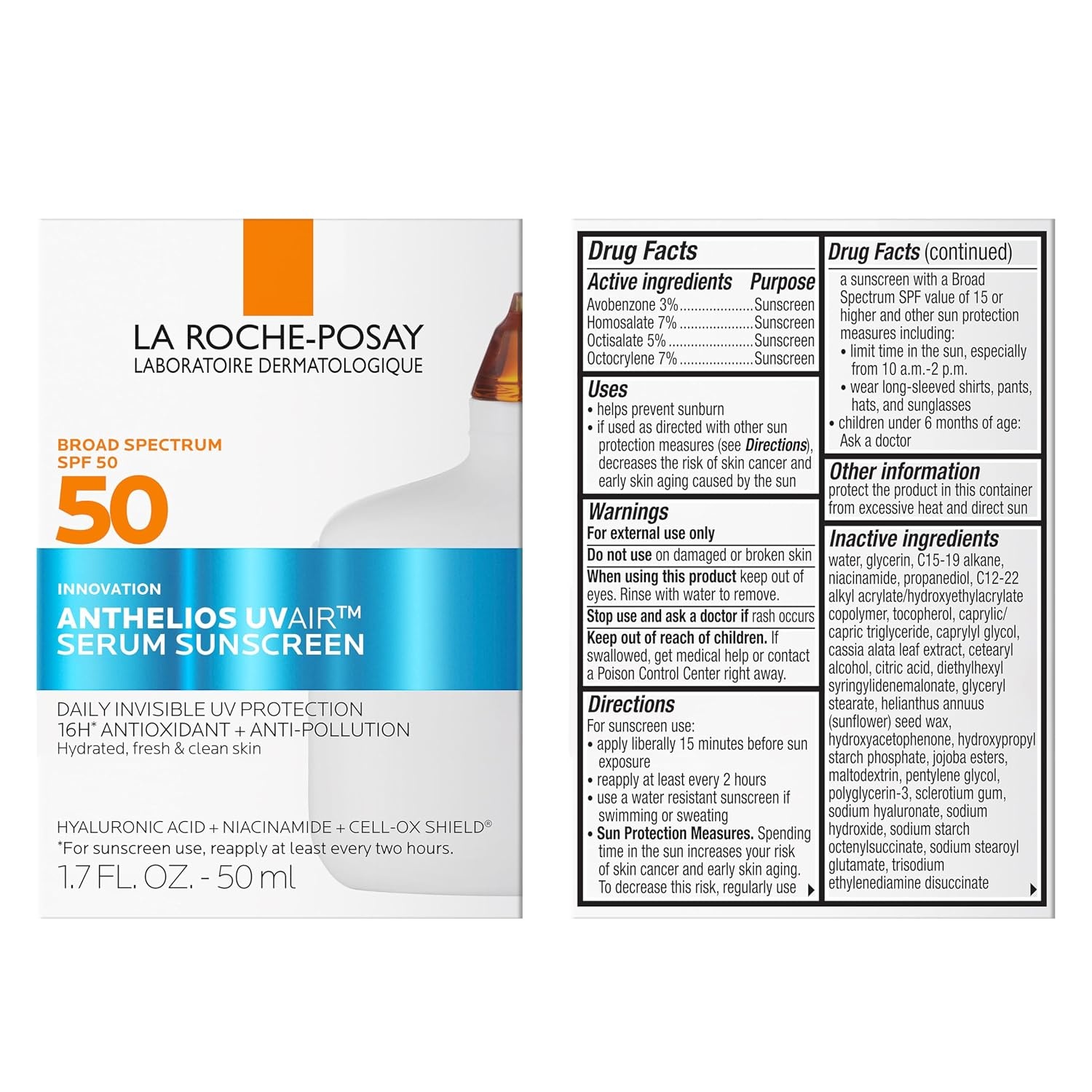 image:imageLa RochePosay Anthelios UVAir Sunscreen Serum SPF 50 with hyaluronic acidChemical