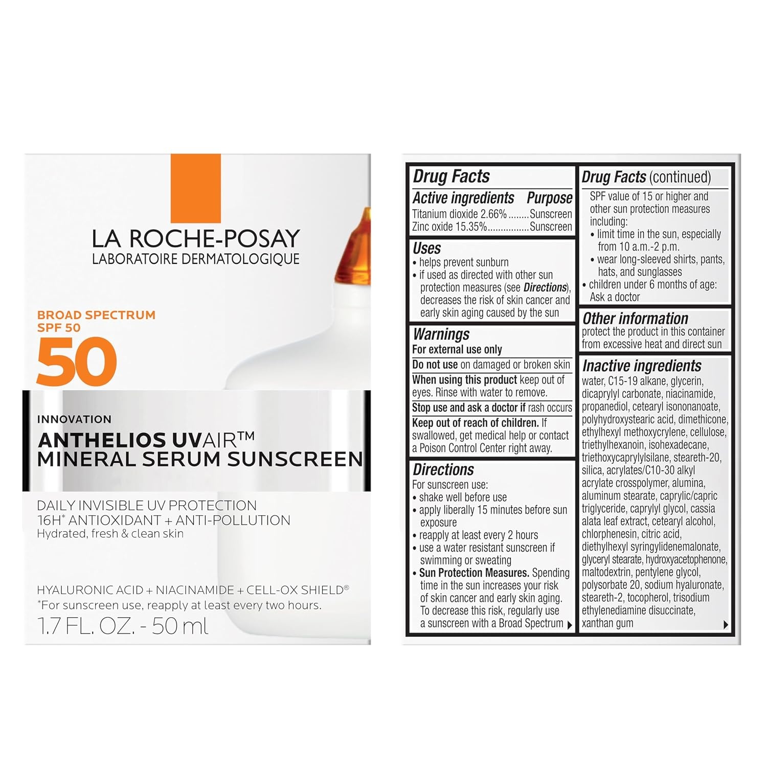image:imageLa RochePosay Anthelios UVAir Sunscreen Serum SPF 50 with hyaluronic acidMineral