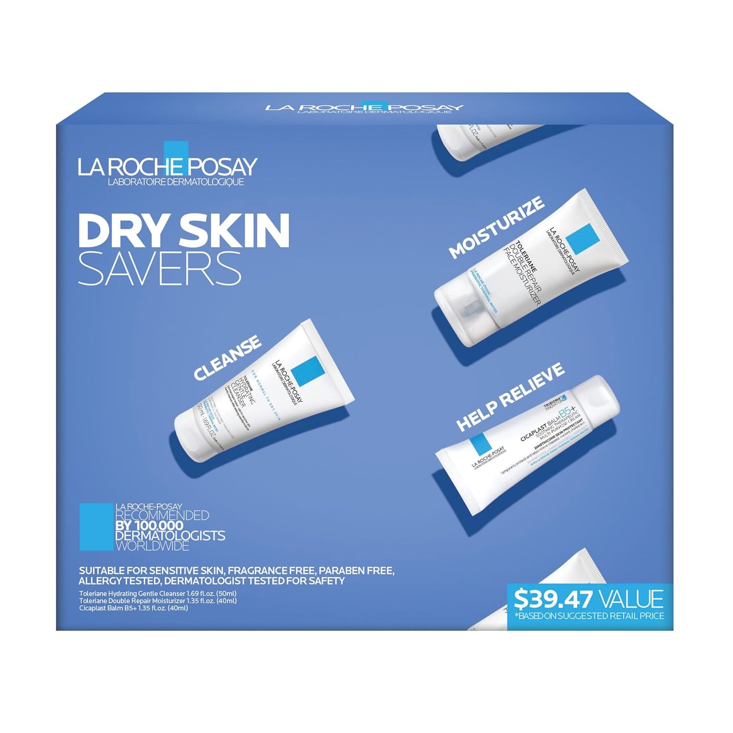 image:imageLa RochePosay Dry Skin Saver Gift Set with Toleriane Hydrating Gentle Cleanser Face Wash 50ml Double Repair Face Moisturizer 40ml amp Cicaplast B5 40ml Travel Size Face Cleanser amp Face Lotion Set