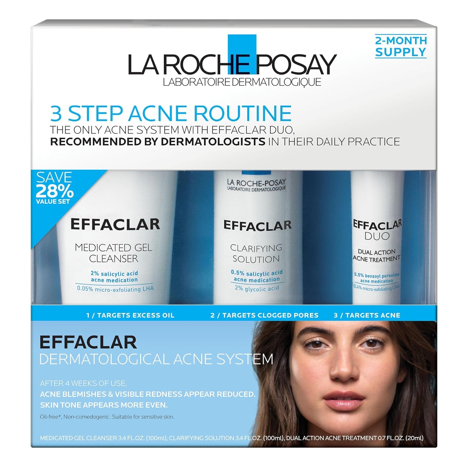 image:imageLa RochePosay Effaclar Dermatological 3 Step Acne Treatment System Salicylic Acid Acne Cleanser Pore Refining Toner and Benzoyl Peroxide Spot Treatment for Sensitive Skin
