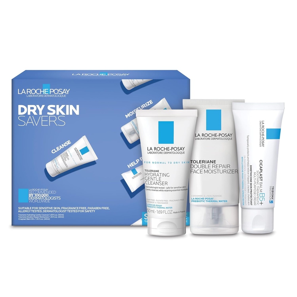 image:imageLa RochePosay Dry Skin Saver Gift Set with Toleriane Hydrating Gentle Cleanser Face Wash 50ml Double Repair Face Moisturizer 40ml amp Cicaplast B5 40ml Travel Size Face Cleanser amp Face Lotion Set
