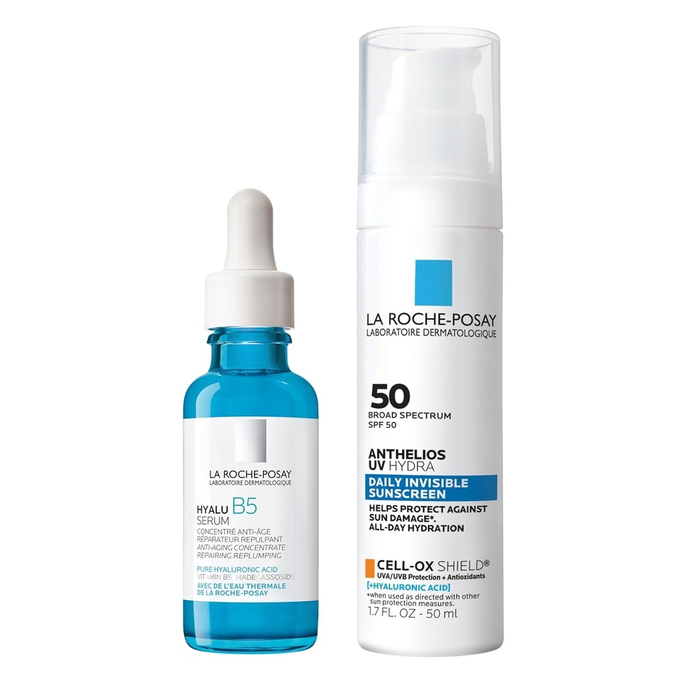 image:imageBundle of La RochePosay Hyalu B5 Pure Hyaluronic Acid Serum for Face Hydrating Serum Plumps Skin Anthelios UV Hydra Sunscreen SPF 50 Daily Hydrating Broad Spectrum Invisible SPF Protection